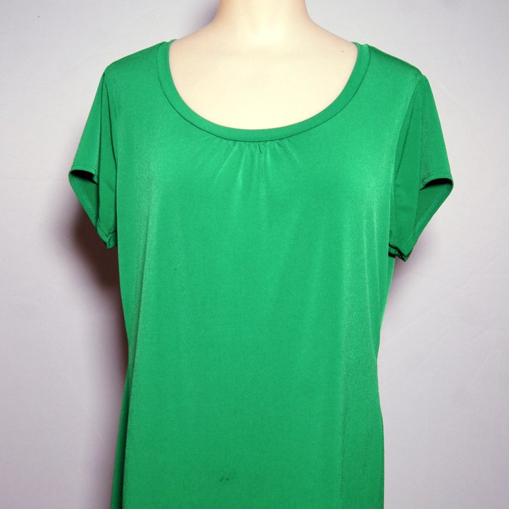 Worthington Womens pleated crew neck short sleeve blouse, Green, Large
